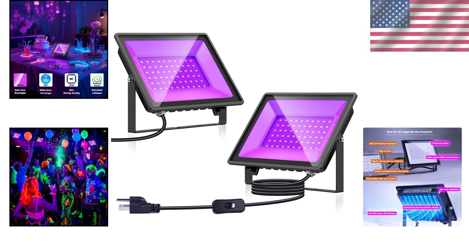 60W High-Power UV Black Lights – Durable, Waterproof for Indoor/Outdoor Fun