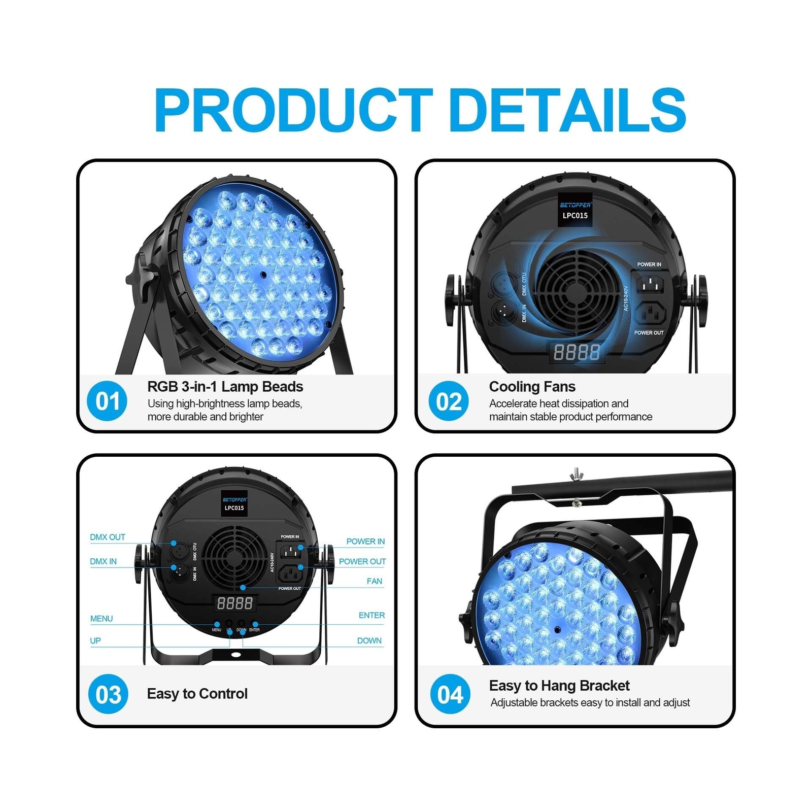 BETOPPER DJ Lights 2 Pack, 54x3W LED Par Lights, DMX Stage Lights Sound Activ…