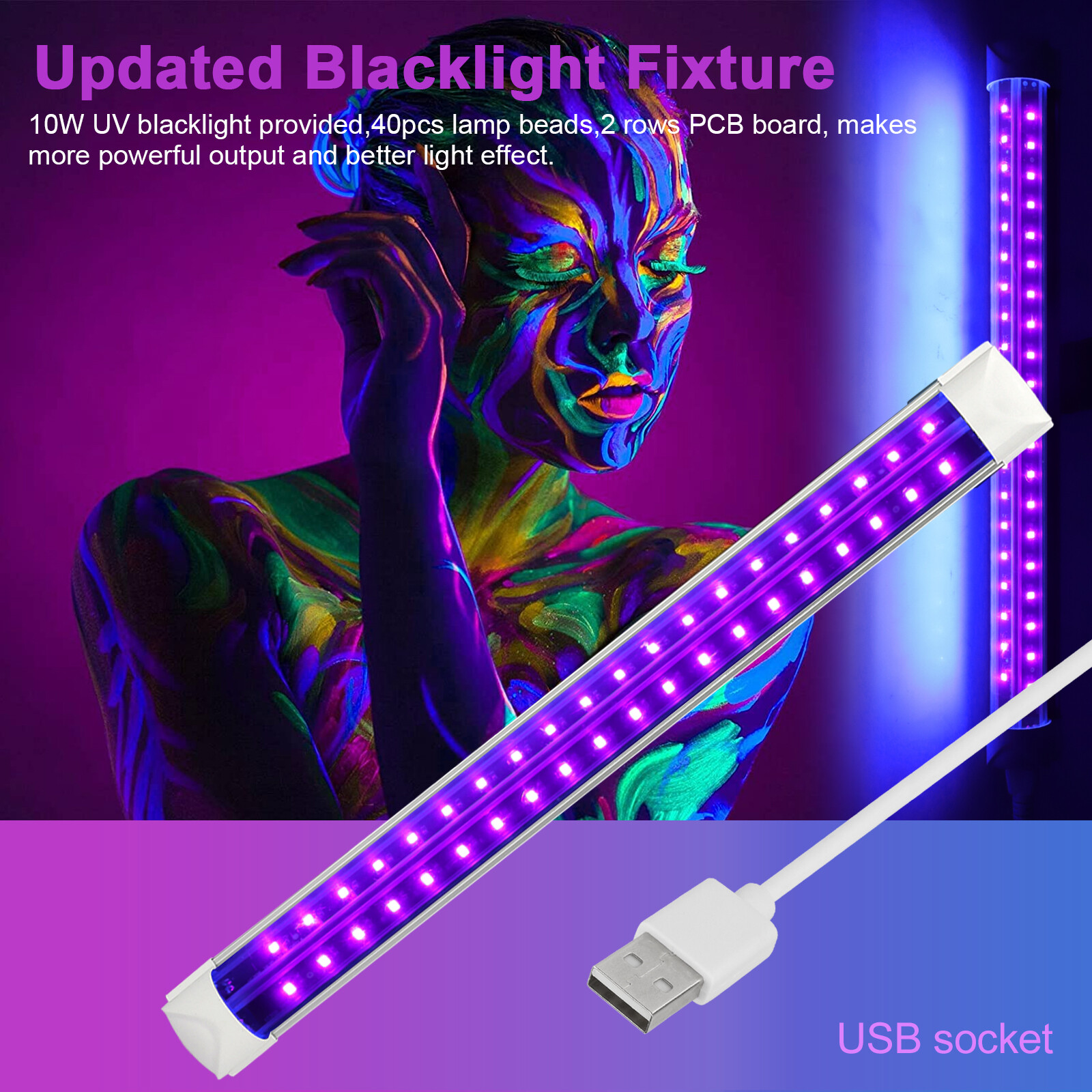 48/40/24LED UV Black Light Bar Fixtures Ultraviolet USB Strip Lamp DJ Party Club
