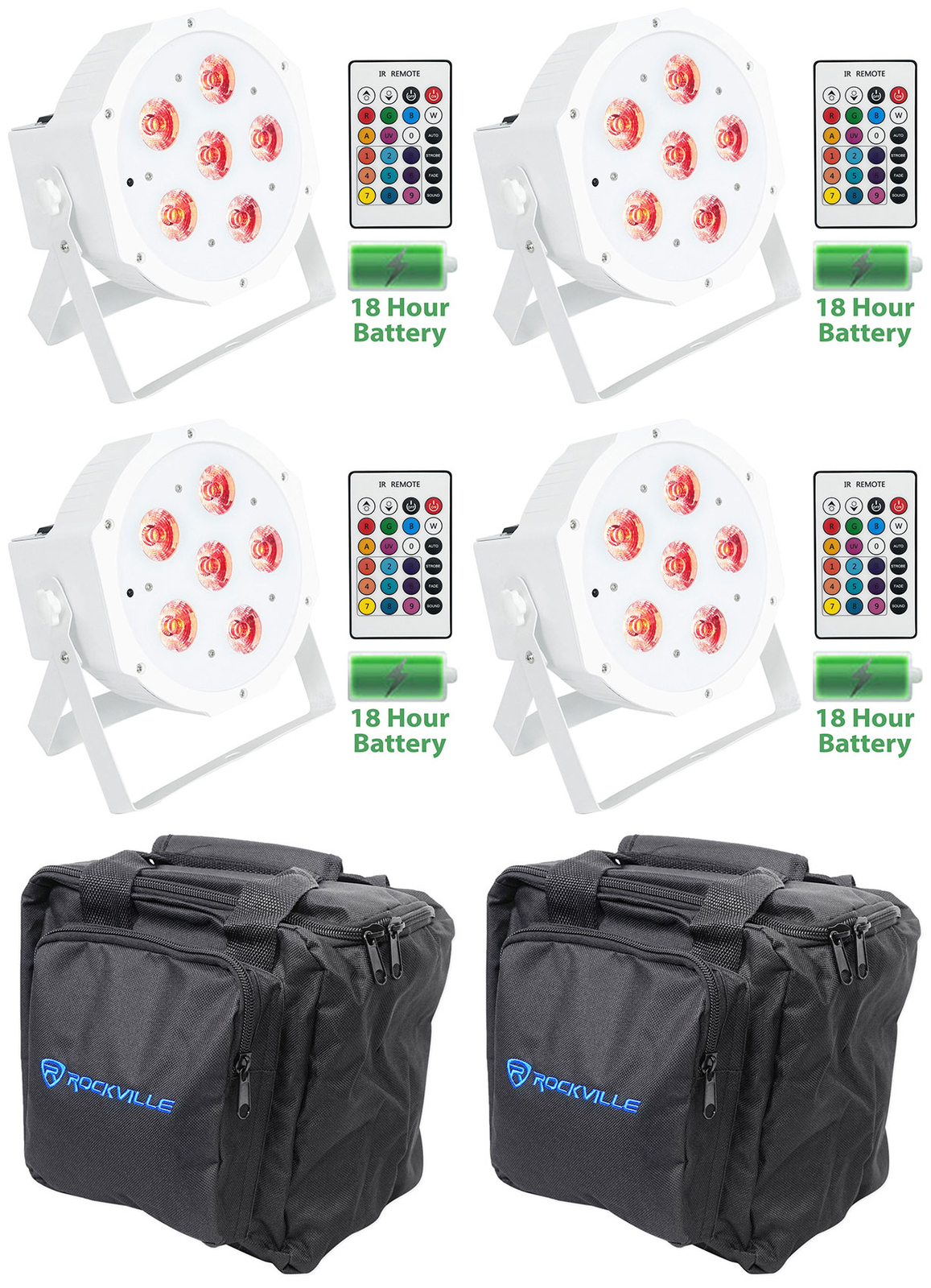 (4) Rockville BATTERY PAR 61 White Rechargeable RGBWA+UV DMX Lights+Remotes+Bags