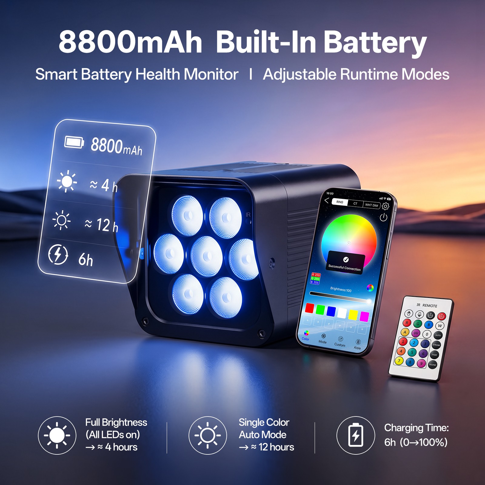 6Pcs Waterproof Wifi APP Smart LED Par Light 7x20W RGBAW+UV Battery w/Flightcase