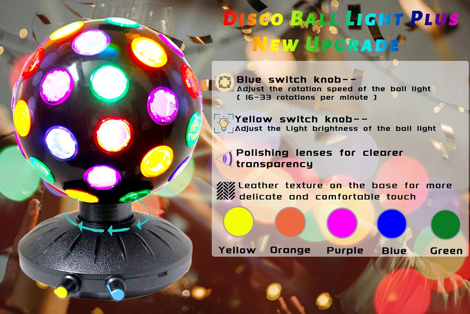 Spinning Disco Ball LED Night Light Projector 360° Rotary Speed/Brightness Adjus