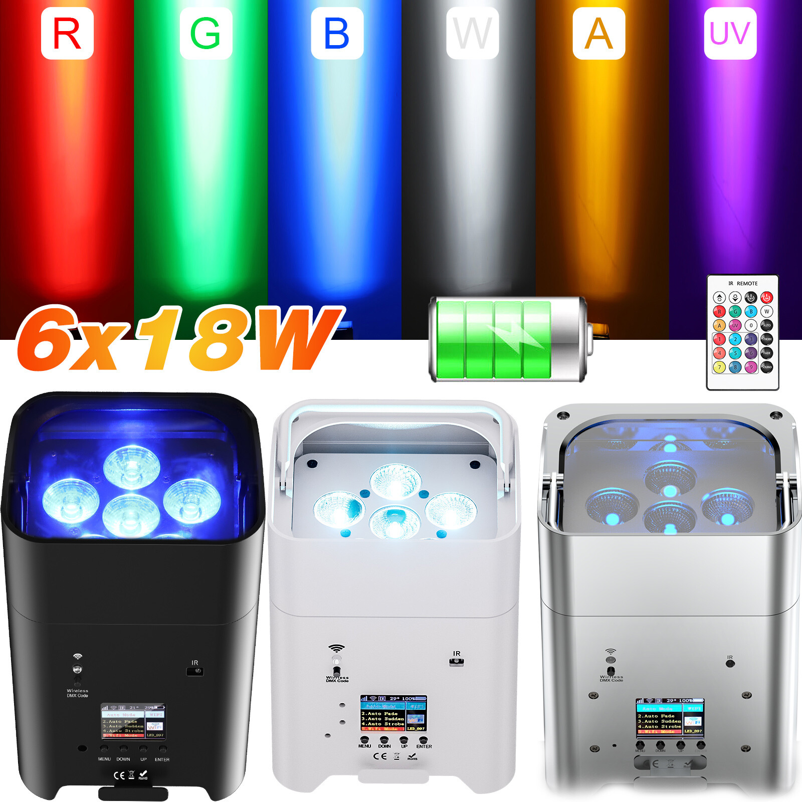6X18W RGBWA+UV Par Light Rechargeable Battery Wireless DMX Stage Party DJ Lights