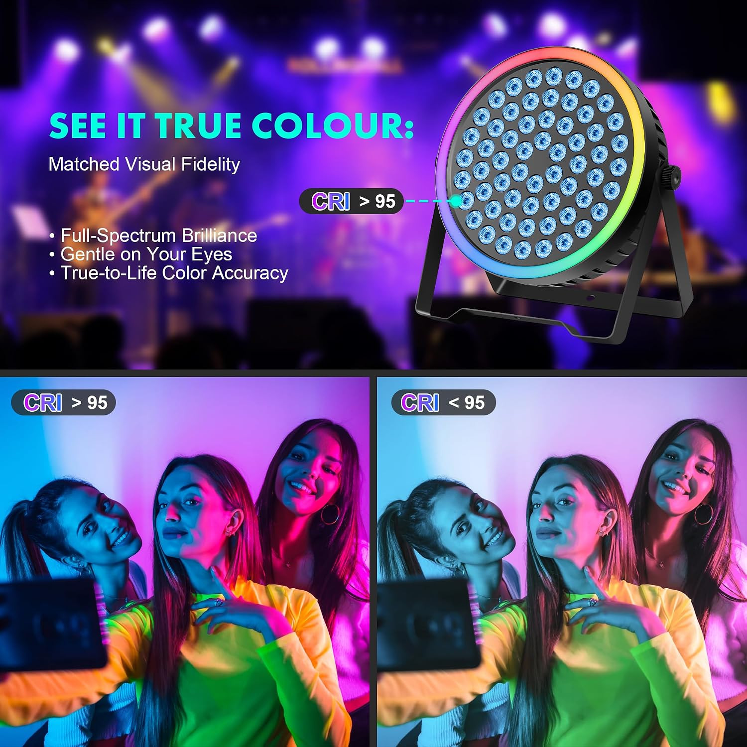 90W RGB Stage Par Lights with Ambient Light Strip – Dual Layer Halo Effect, DMX5