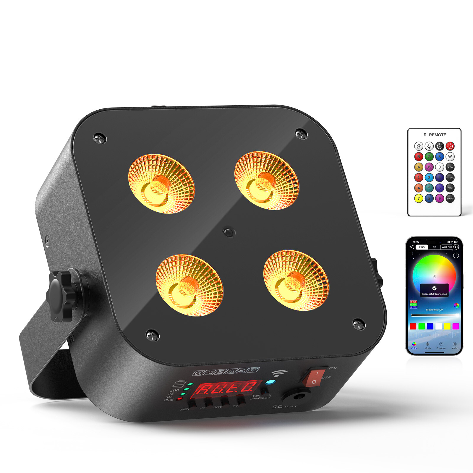 Rechargeable 4LED RGBWA+UV Battery Wireless Par Stage Light DMX APP Xmas DJ Show