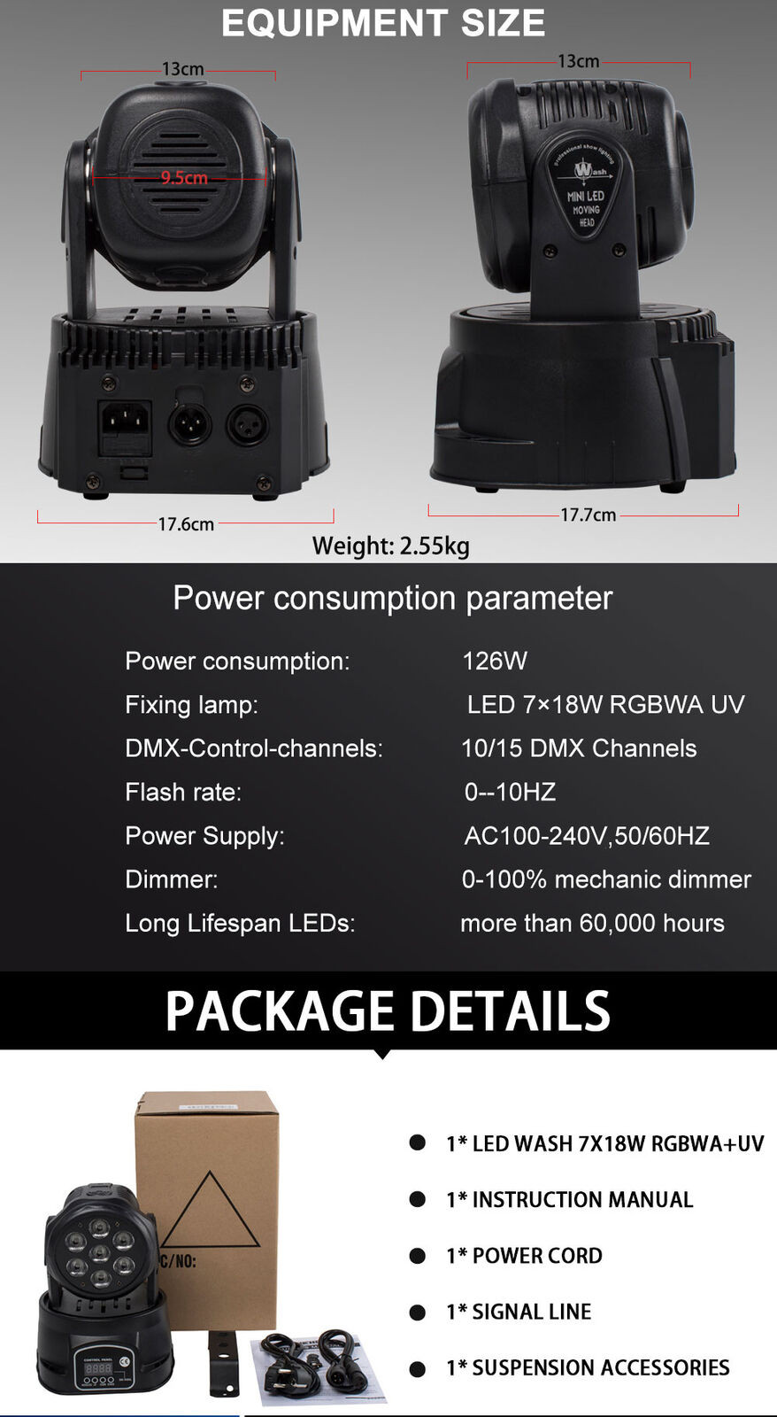 SHEHDS 2Pcs LED 7x18W Wash Moving Head Lighting RGBWA+UV 6in1 For KTV Bar Park