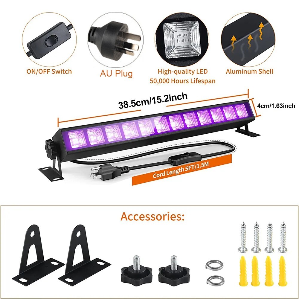 40 LED UV Black Light Bar Fixtures Ultraviolet Lamp Strip US Plug DJ Party Club