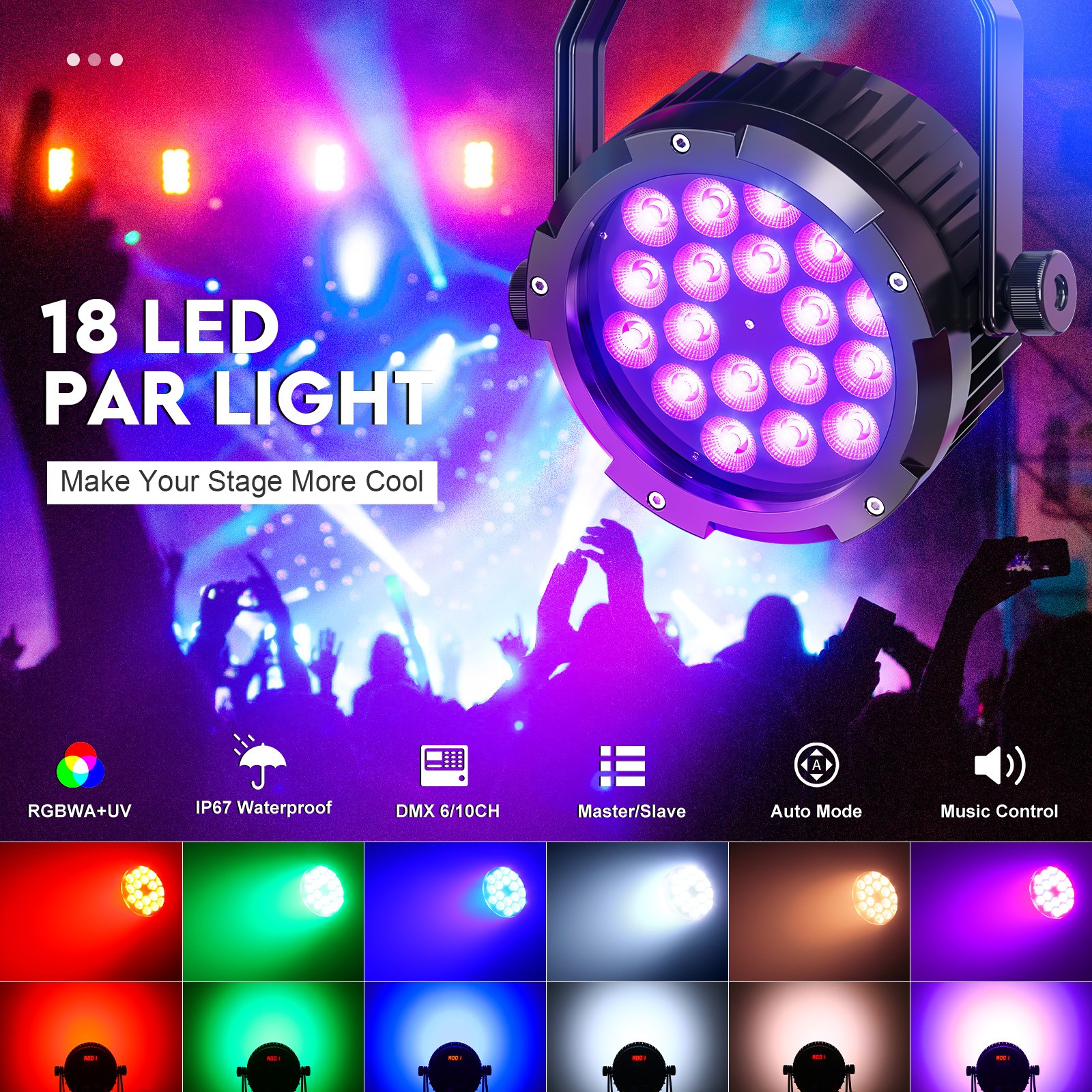 18 LED 270W Waterproof Par Light RGBWA+UV Beam Wash Lighting for Indoor/Outdoor