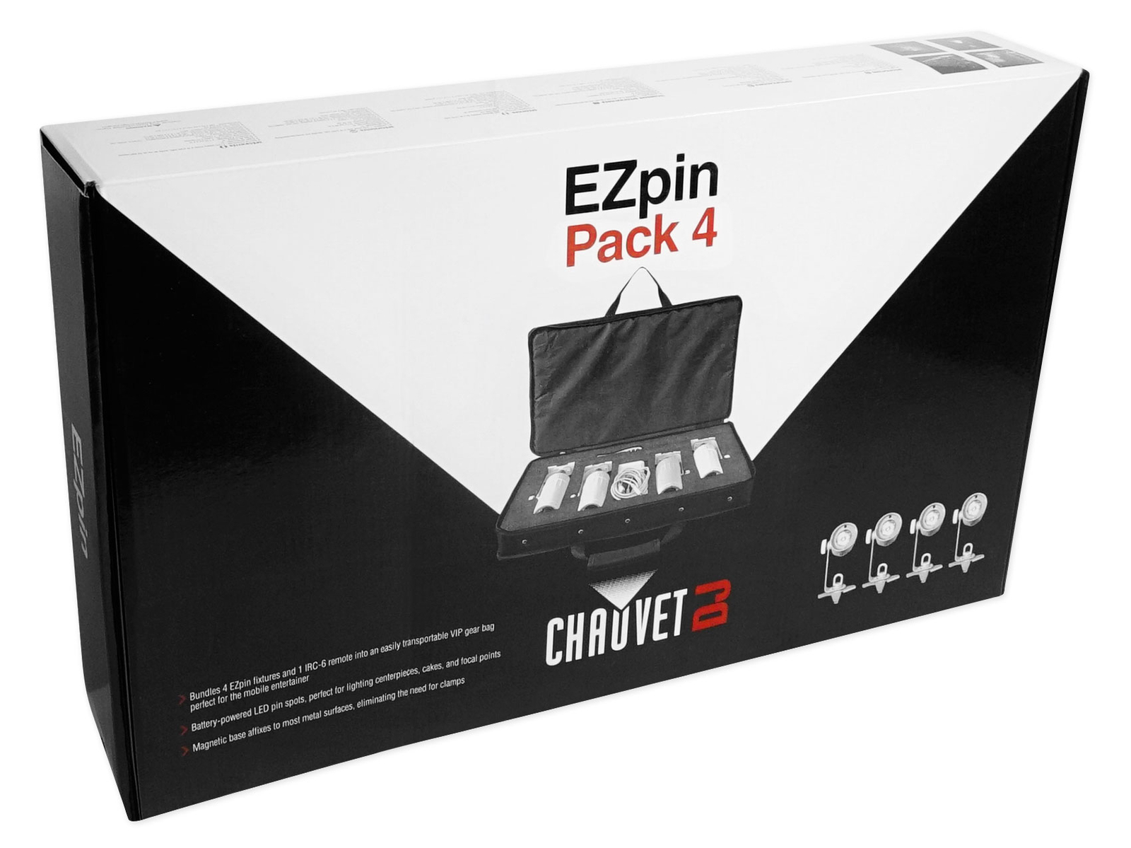 Chauvet DJ Ezpin Pack 4 EZpin Pin Spot Light Fixtures+IRC-6 Remote+Carry Case