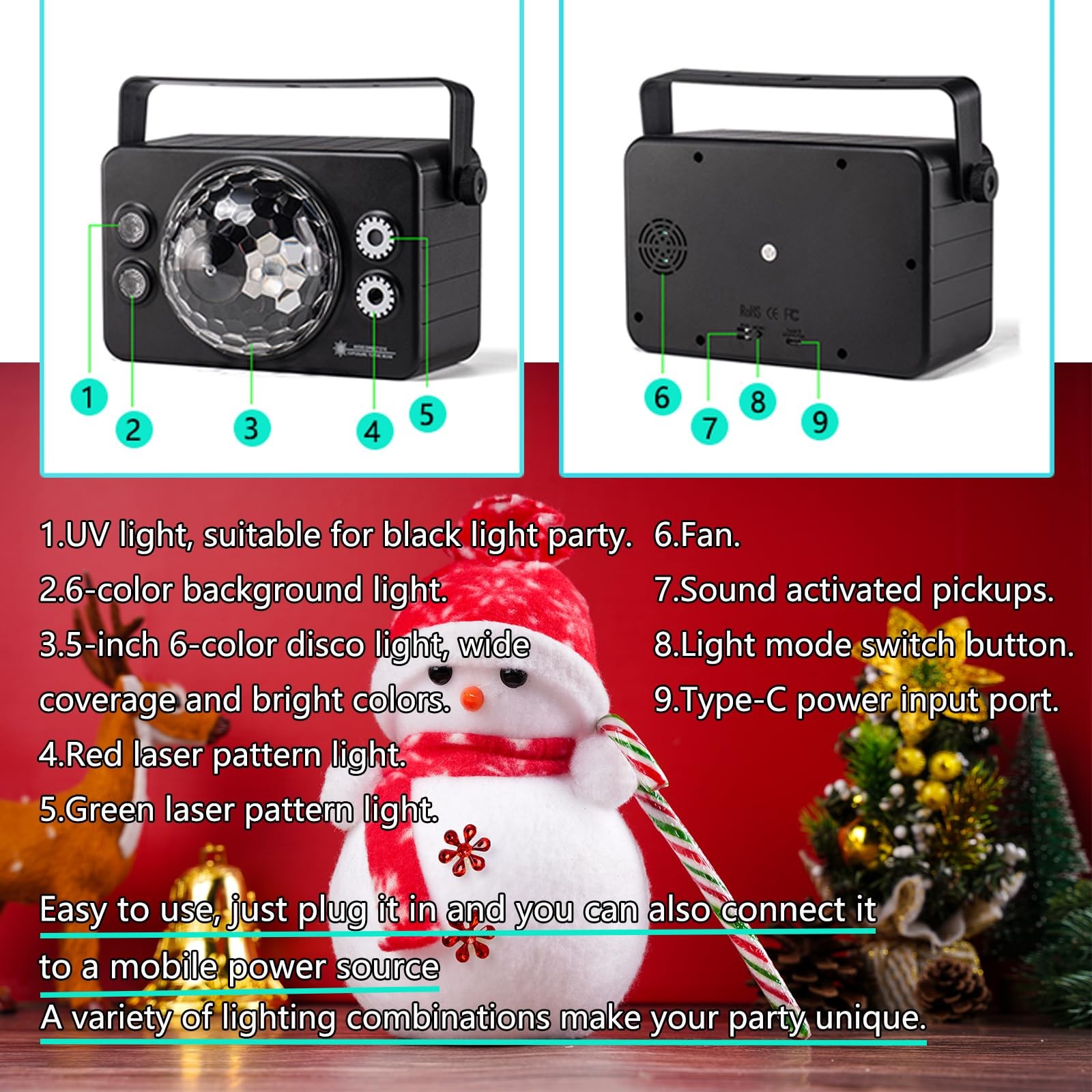 Disco Ball Dj Party Lights Indoor, LED Light 6 Colors Sound Activated Strobe