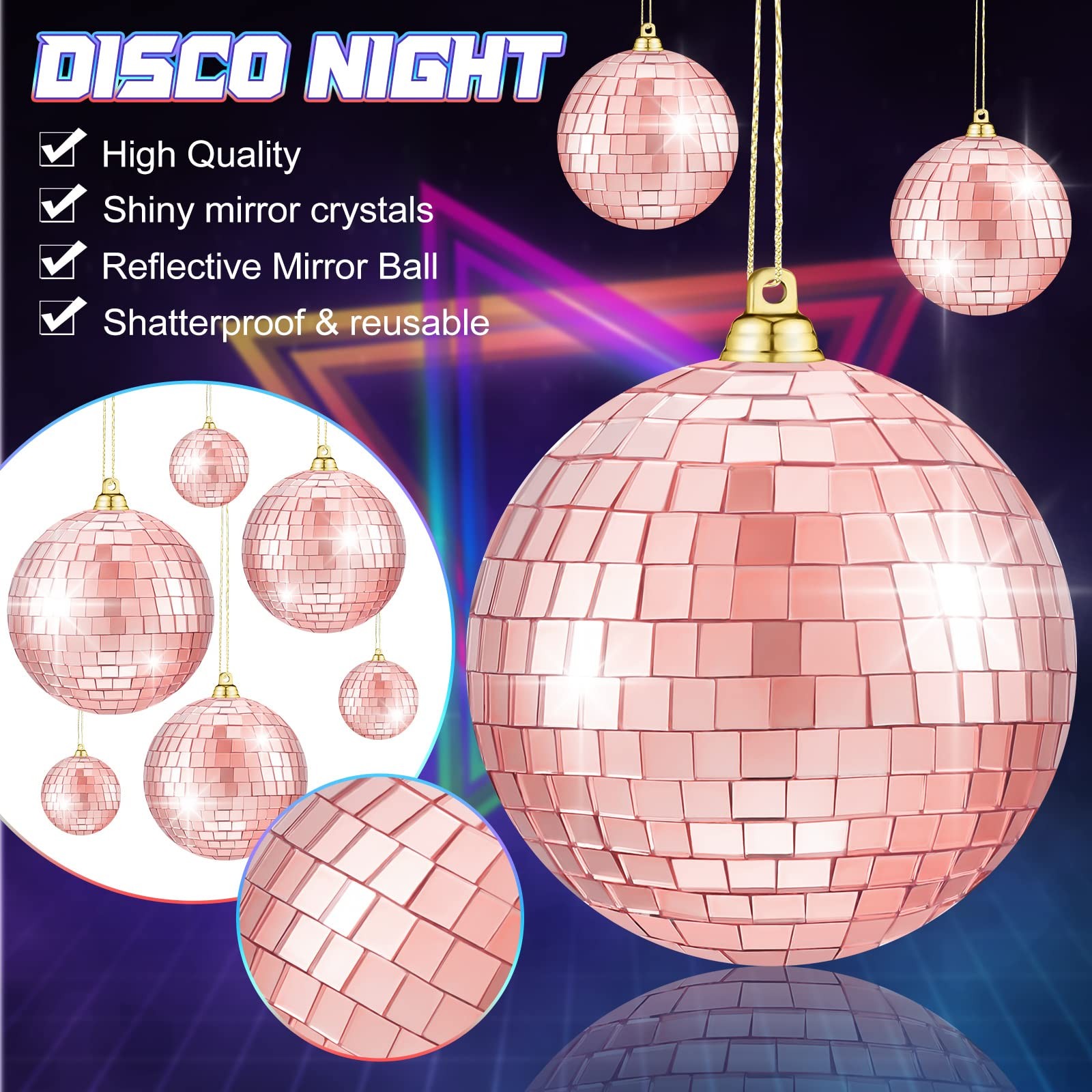 50 PCS Rose Gold Disco Balls Reflective Mirror Ball Ornaments MultiSize