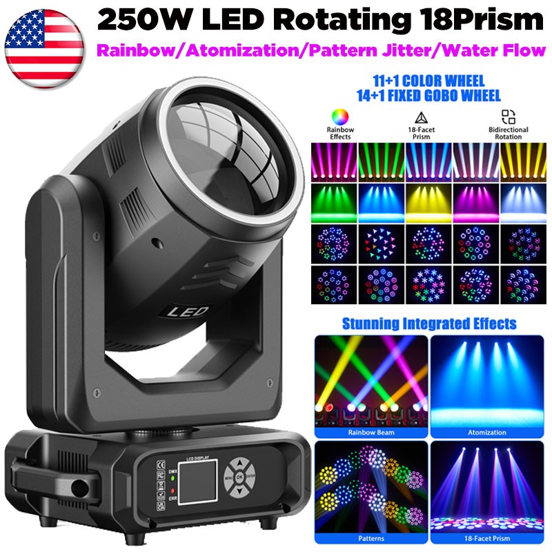 LED Beam 250W RGBW 18Prism GOBO Moving Head Light Stage Light DMX Effect Disco