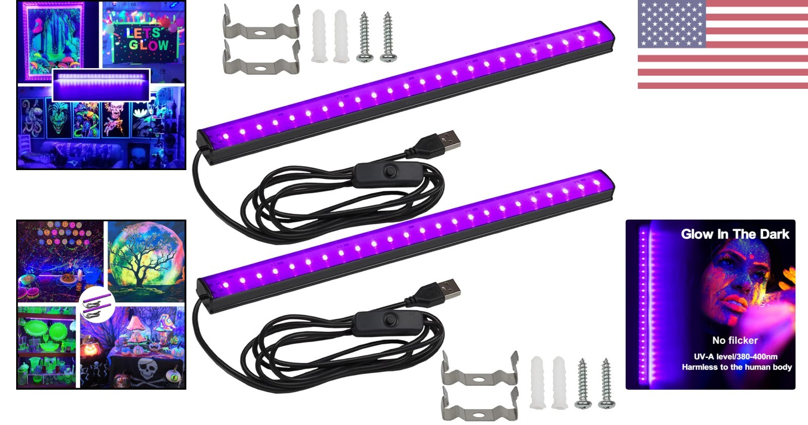 UV Black Light Bar Fixtures Ultraviolet Lamp Strip US Plug DJ Party Club 2PCS