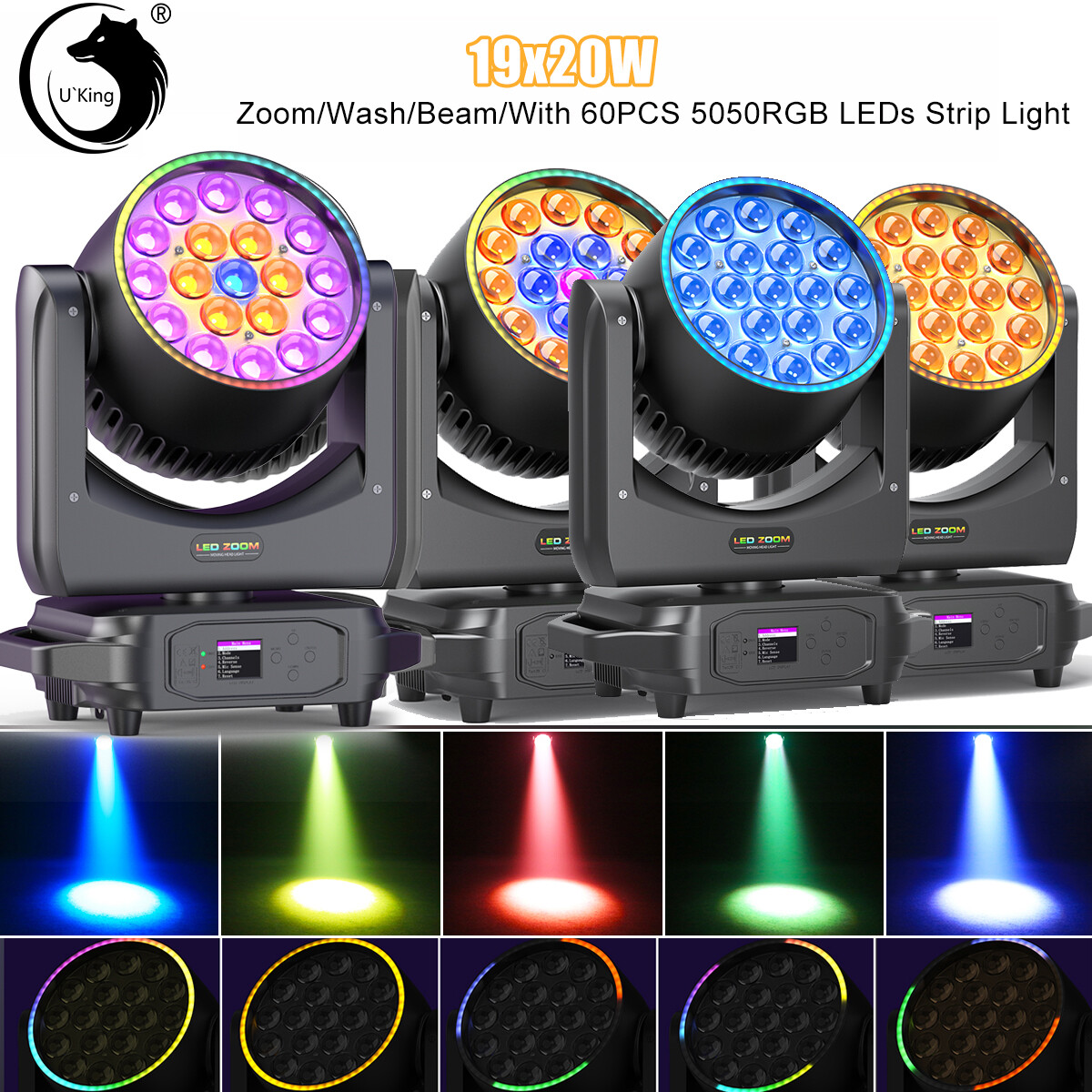 UKING 4Pack 19x20W Moving Head Beam Lights LED RGB Zoom RGBW Wash Light Party DJ