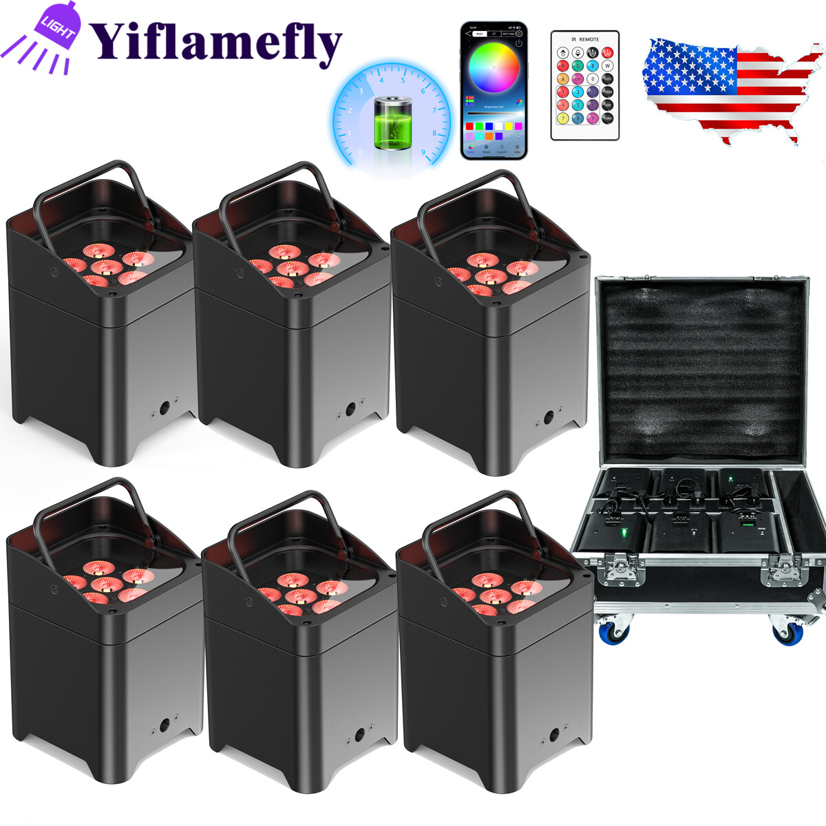 6X18W LED RGBWA+UV Rechargeable Wireless Wifi DMX DJ Par Up lights w/Flight case