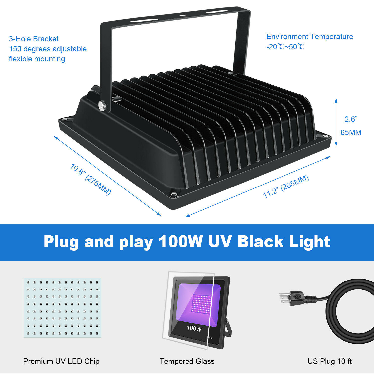 2-PACK 100W UV LED Black Light Glow Party DJ Club Stage Lighting IP66+Free Tapes