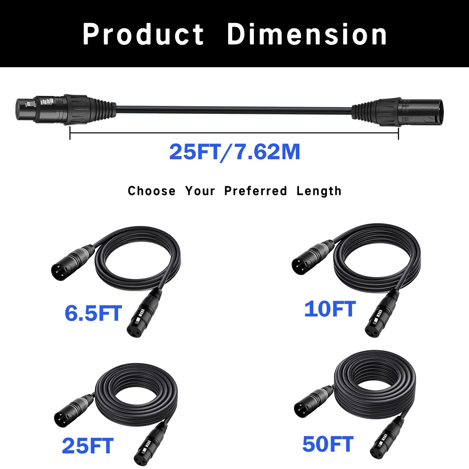 25ft Flexible DMX Cable 3 Pin Signal XLR Male to Female DMX Cables Wire for S…