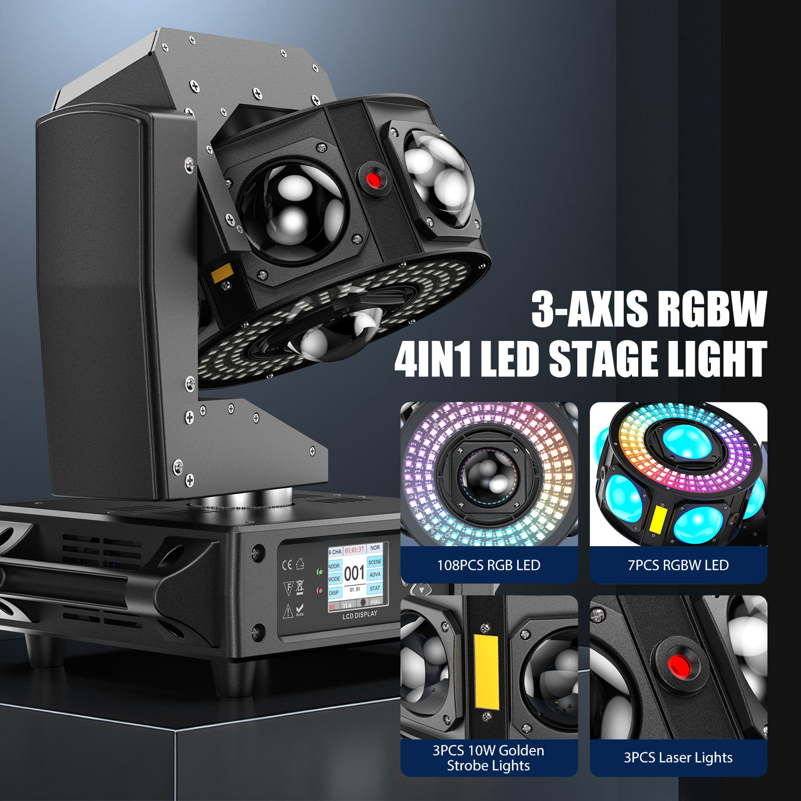 180W 3-Axis Laser Moving Head Light RGBW Stage Lighting 7LED DMX Beam Disco DJ