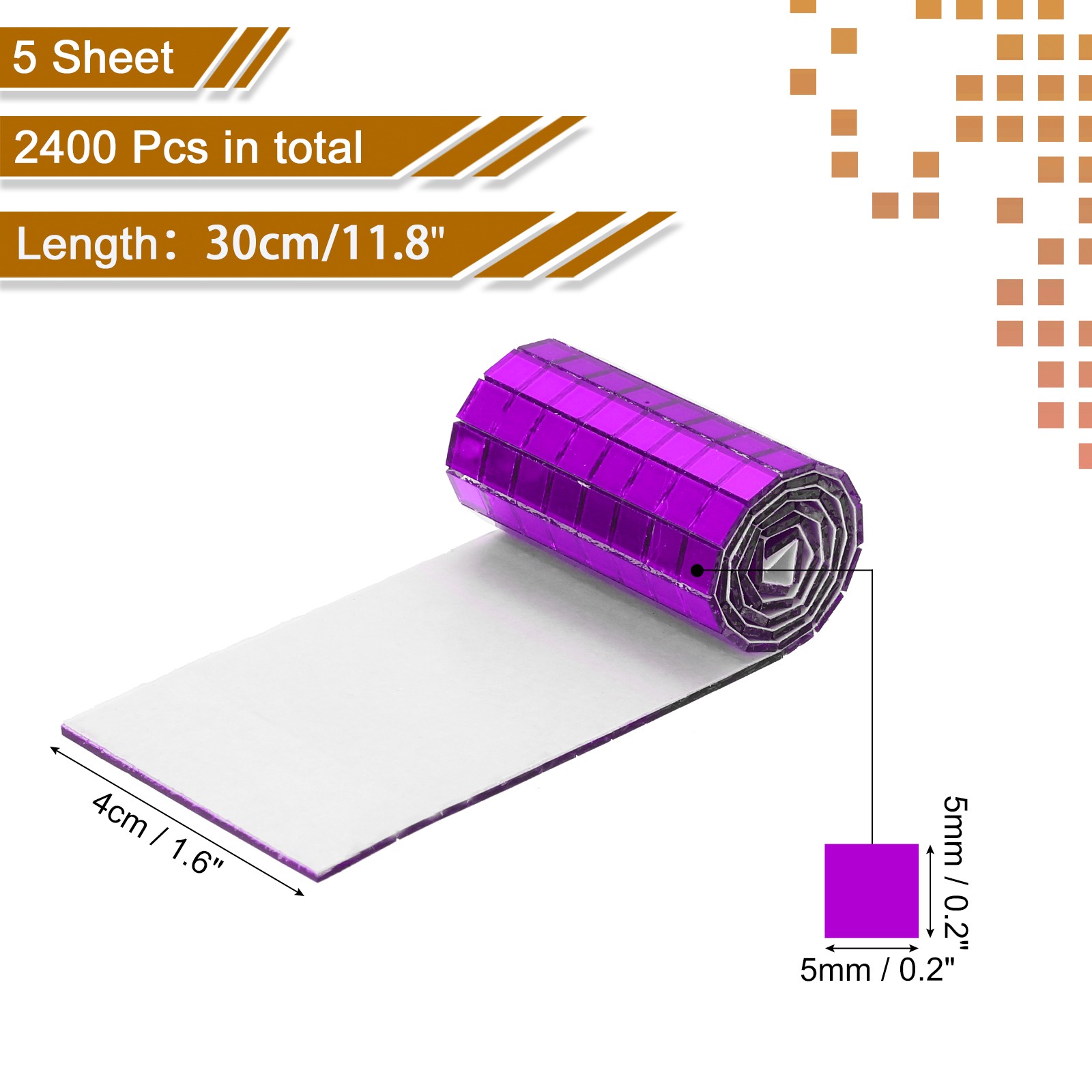 2400 PCS Glass Mirrors Disco Ball Tiles Self-Adhesive Purple 5x5mm, 5 Sheet