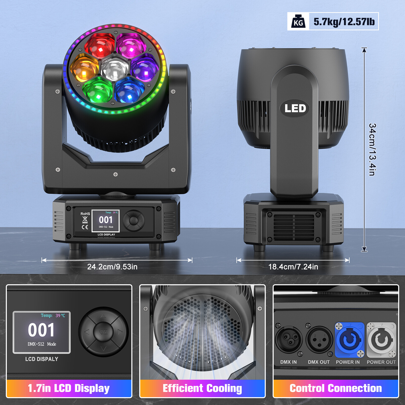 7x50W LED Zoom Moving Head Stage Light RGBW DMX Beam Wash Lighting DJ Disco Bar
