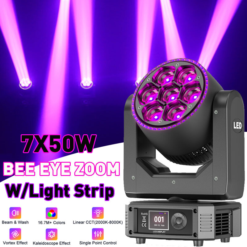 7X50W LED Zoom Moving Head Stage Light RGBW DMX Beam Wash Lighting DJ Disco Bar