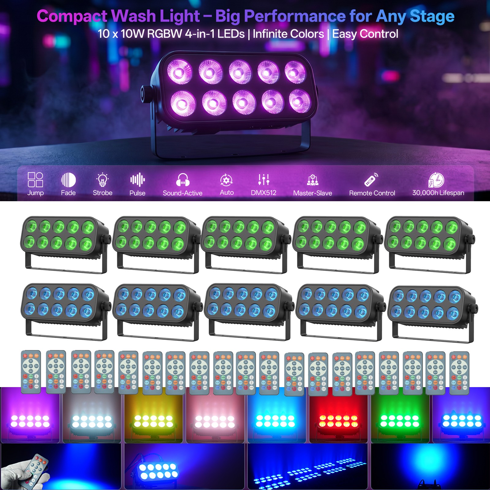 10PCS DJ Disco Party Stage Light LED RGBW DMX Beam Lights KTV Show PAR Lighting