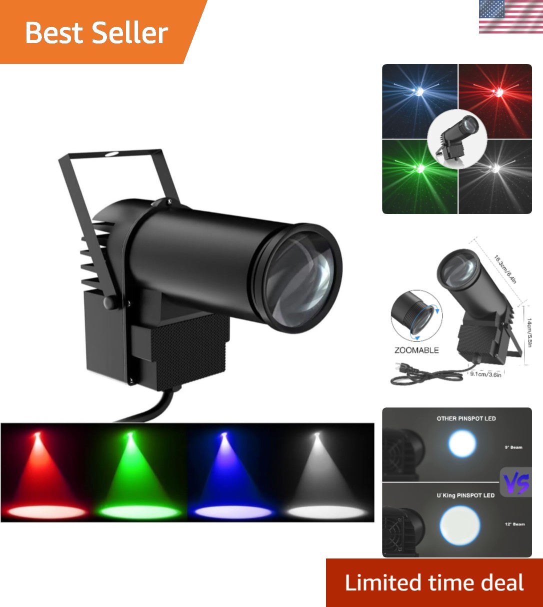 Multipurpose RGBW Pinspot Light with Sound Activation for DJ and Events