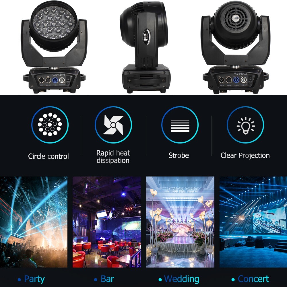4PCS 19x15W LED Beam Wash RGBW Zoom Moving Head Stage Lighting DJ Party Show Bar