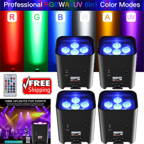 6PCS 108W Wireless Par Light Battery Powered RGBWA+UV 6 LED Uplight with Case