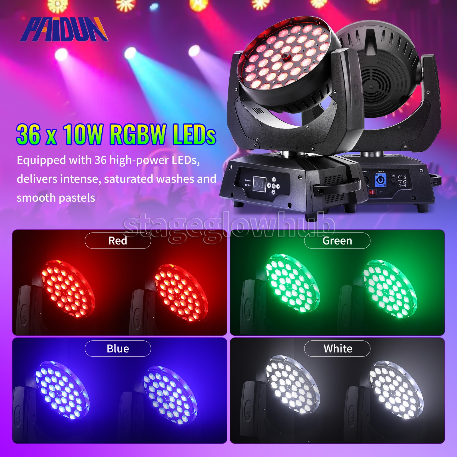 PAIDUN 36x10W Zoom LED Wash Moving Head Beam Light 4IN1 RGBW DJ Club Disco Party