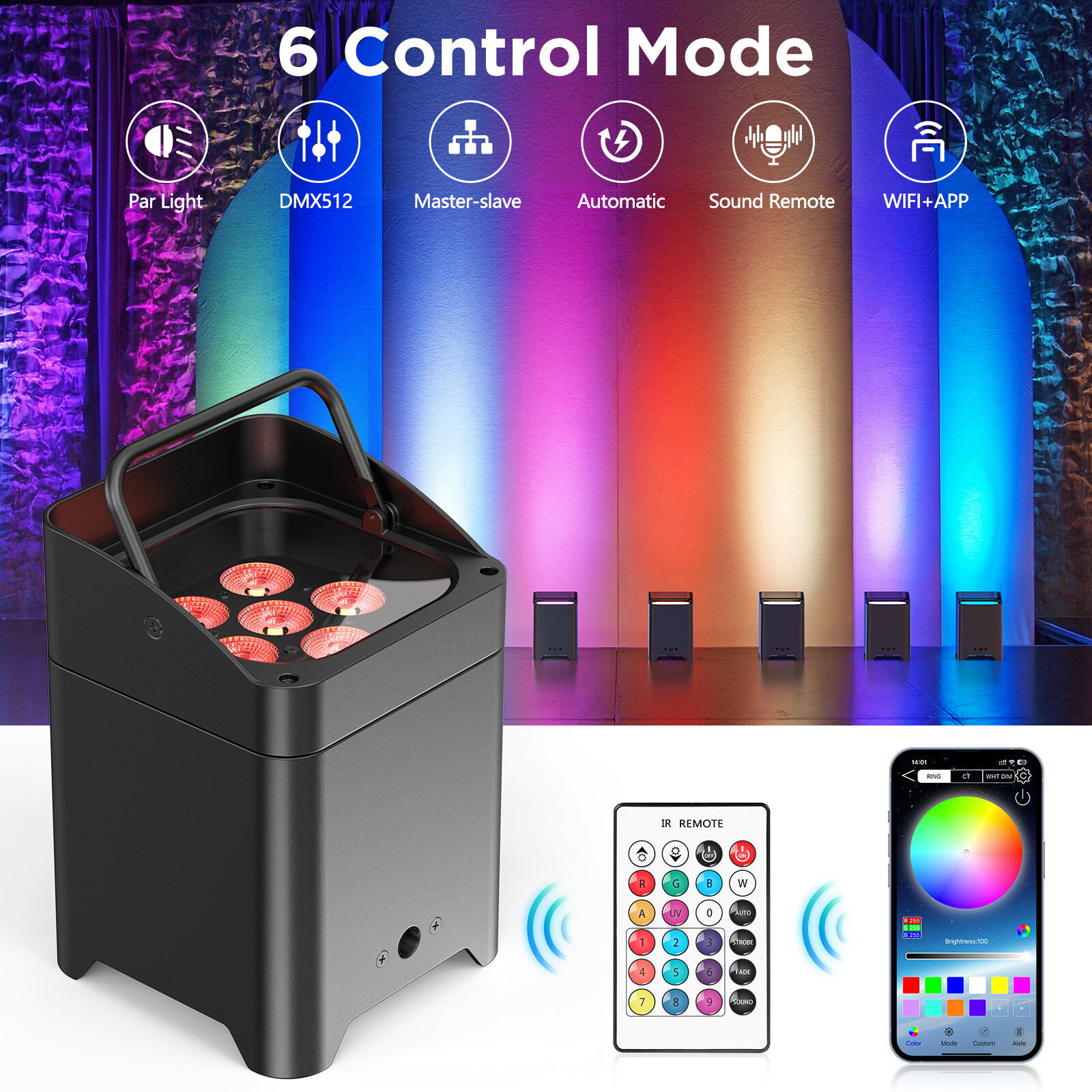 Wireless Stage Par Light Battery Uplight 6x18W 6in1 RGBWA UV Rechargeable Case