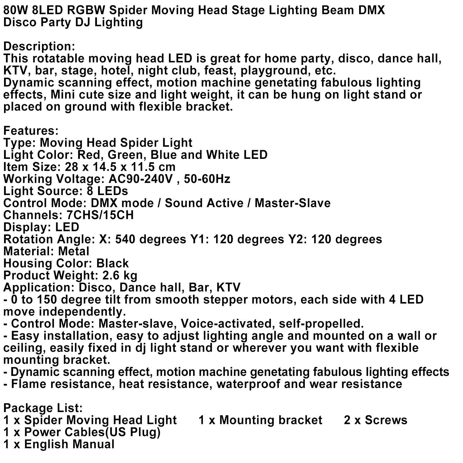 80W 8LED RGBW Moving Head Stage Lighting Beam DMX Disco Party DJ Lighting