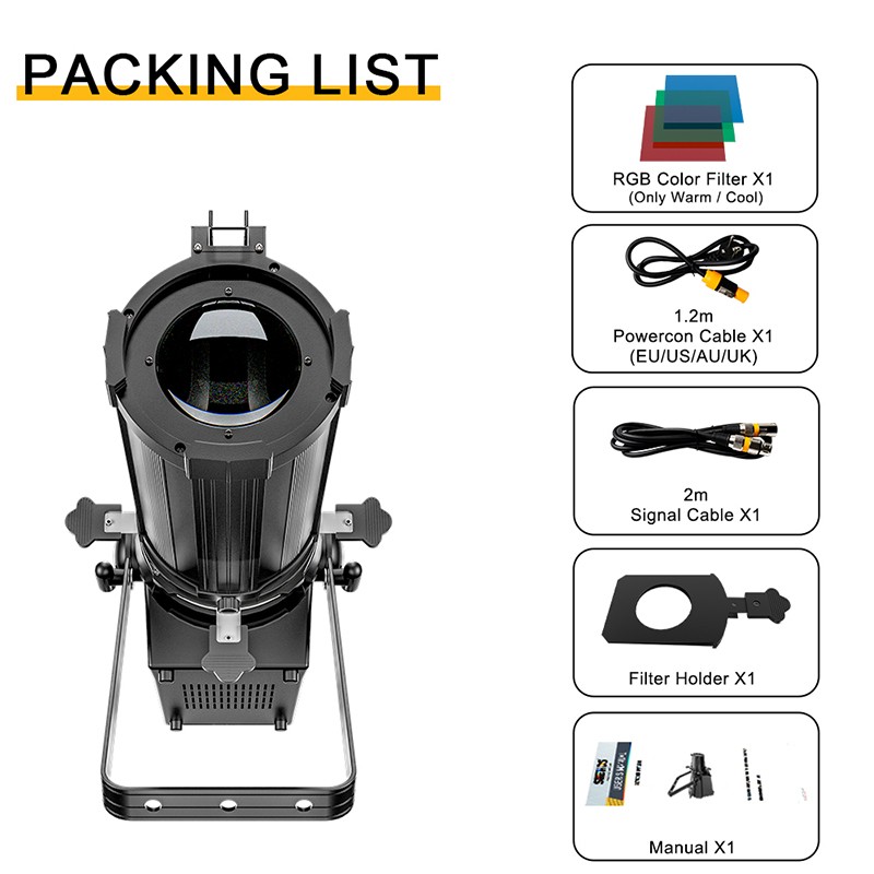 SHEHDS 250W Prime Lens/Optical Zoom LEKO RGBW LED Profile Spotlight Stage Show