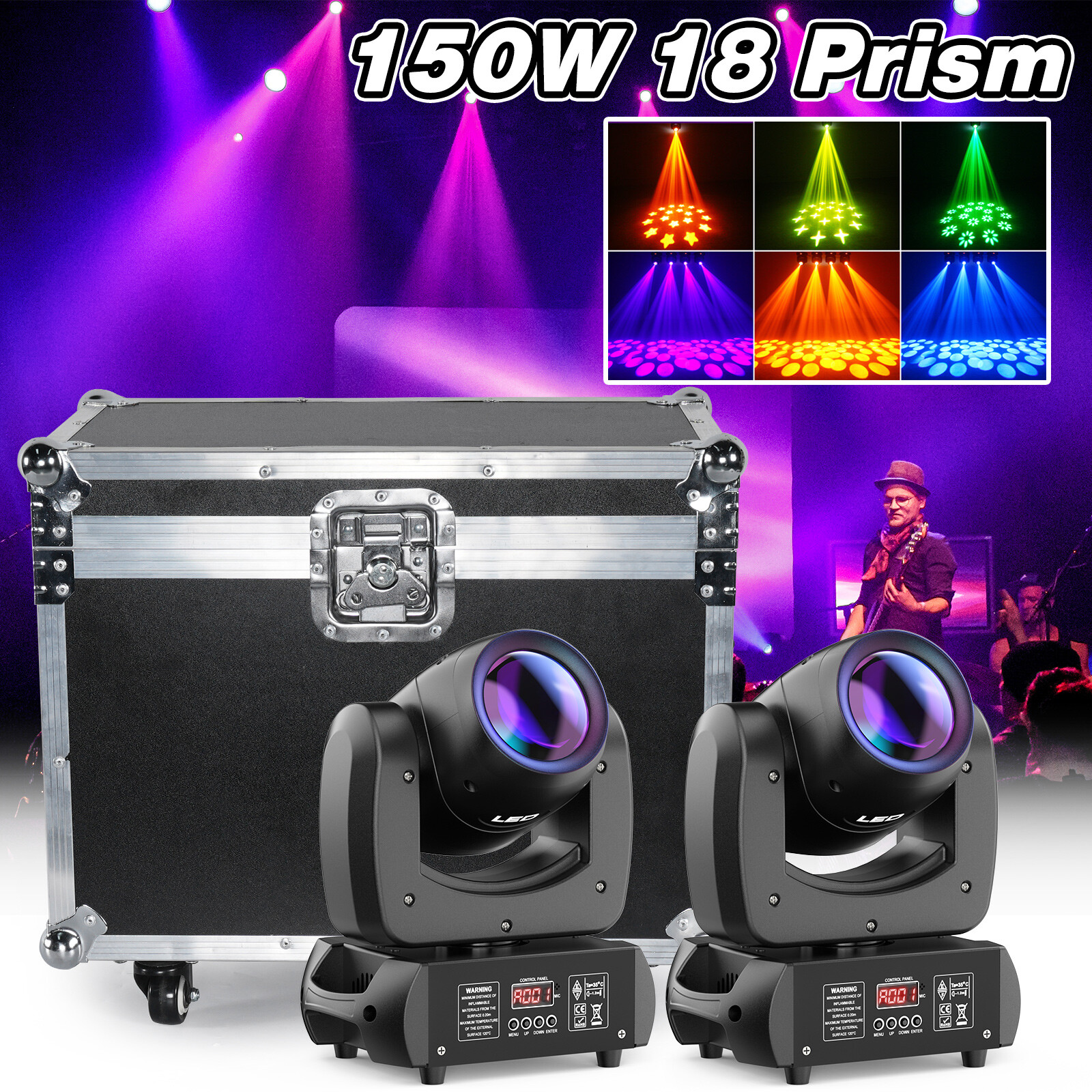 2PCS 150W 8 Gobo Moving Head Light 18 Facet Prism DMX RGBW LED DJ Beam Lights