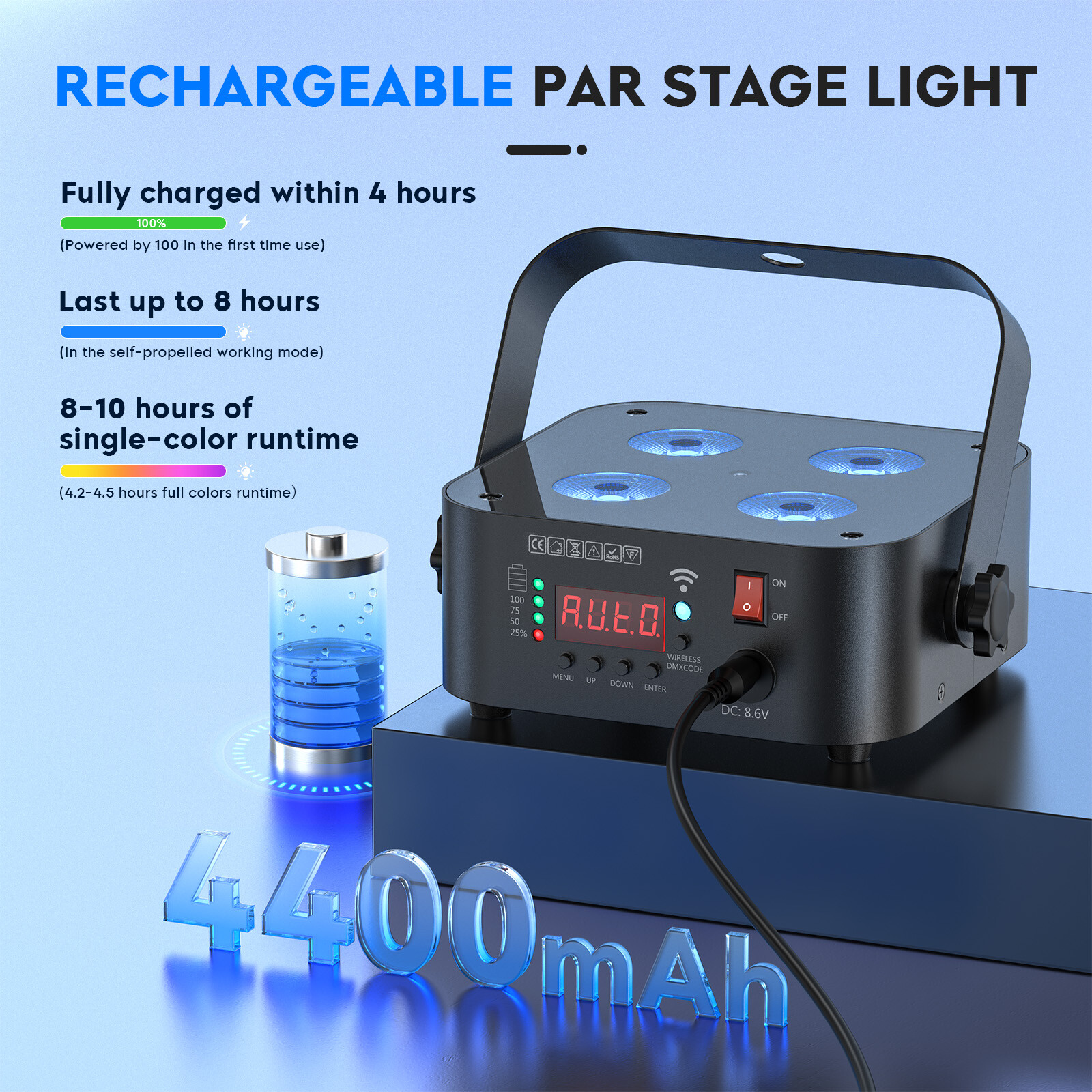 UKING 4x25W Par Light Beam Stage Light LED RGBWA UV DMX512 Party DJ Disco Party