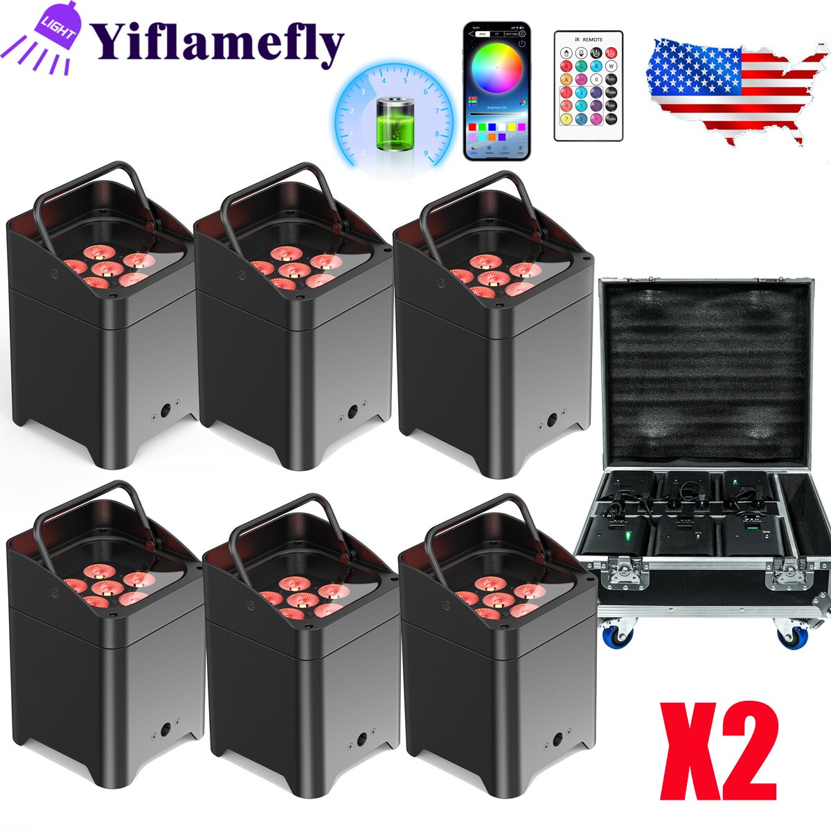6x18W Wireless Stage Par Light Battery Uplight RGBWA UV Rechargeable DMX512 DJ