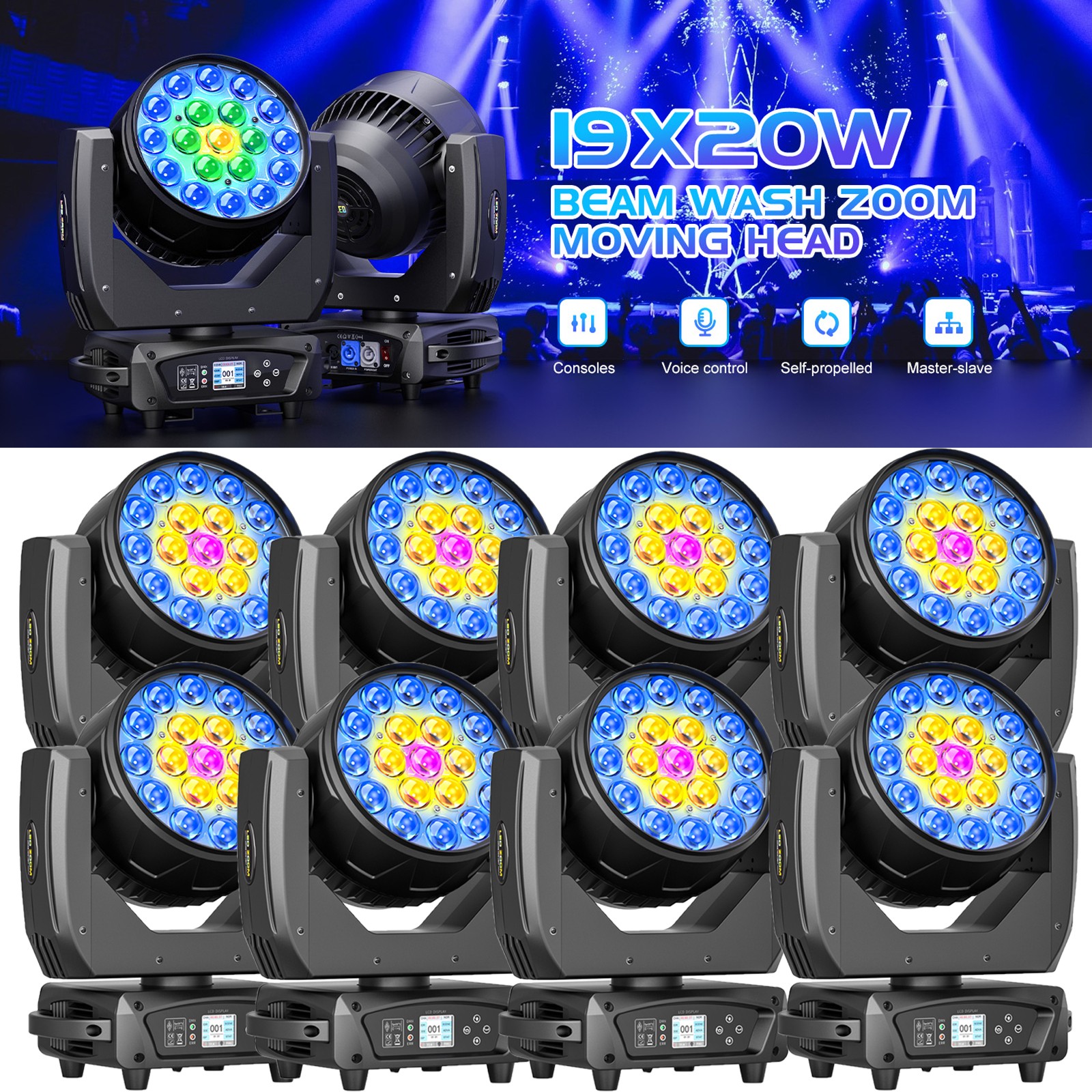 380W 19LED Moving Head Light RGBW Stage Light Beam Wash Zoom Effect DJ Disco DMX
