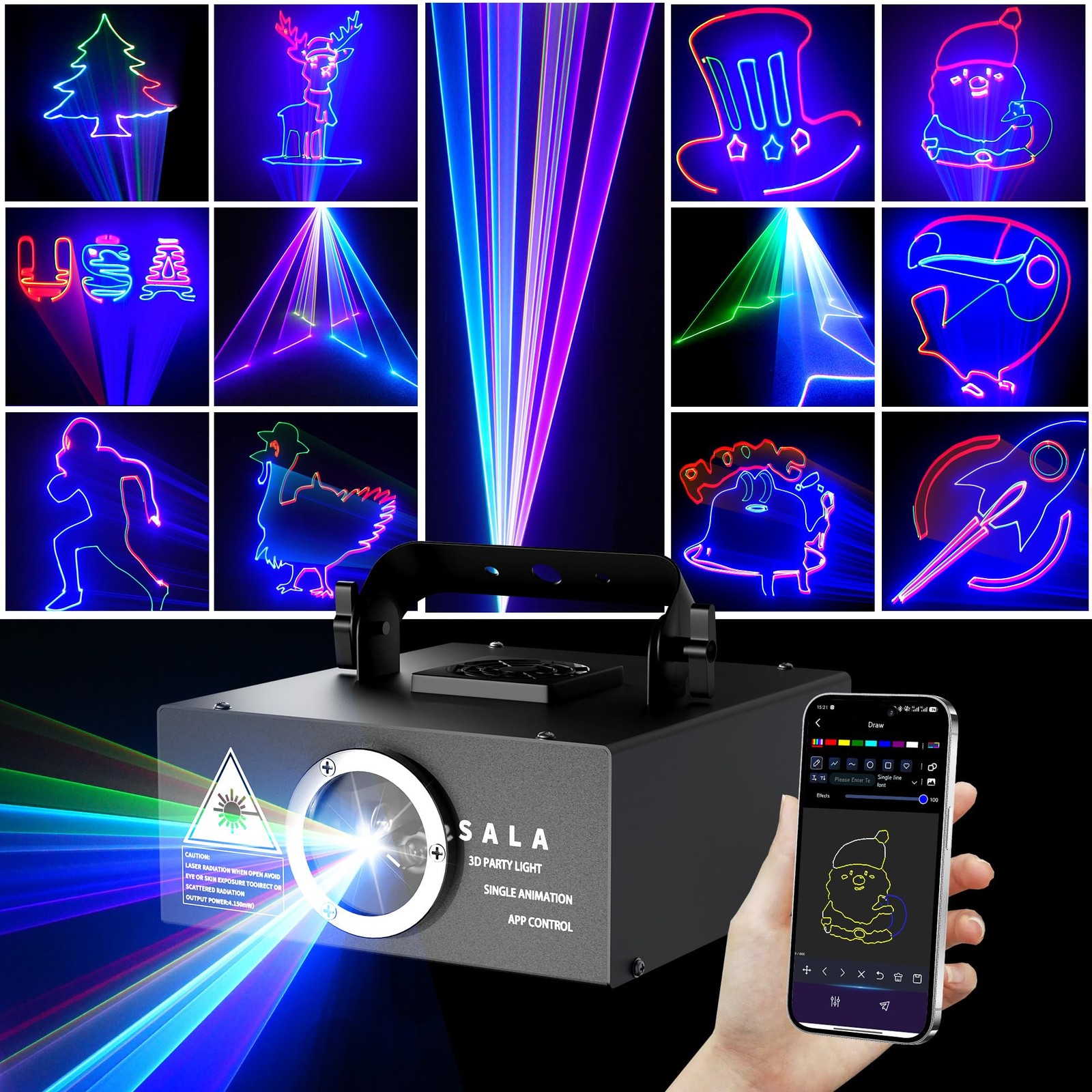DJ Lights Laser Light Show, App Control 3D Animation Projector for Party