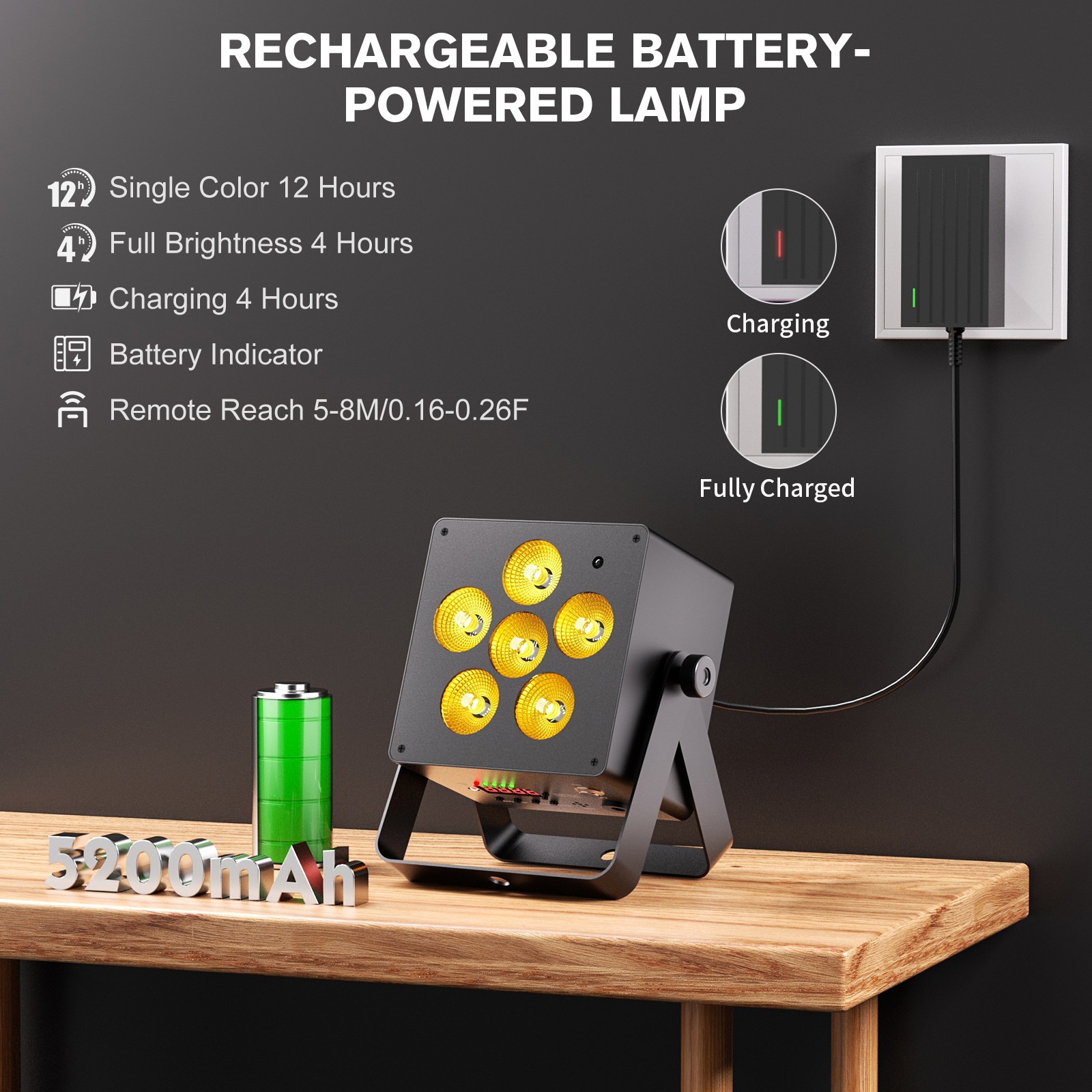 80W RGBW+UV Rechargeable 6-LED Par Can Light DMX512 App Control Home Party Disco