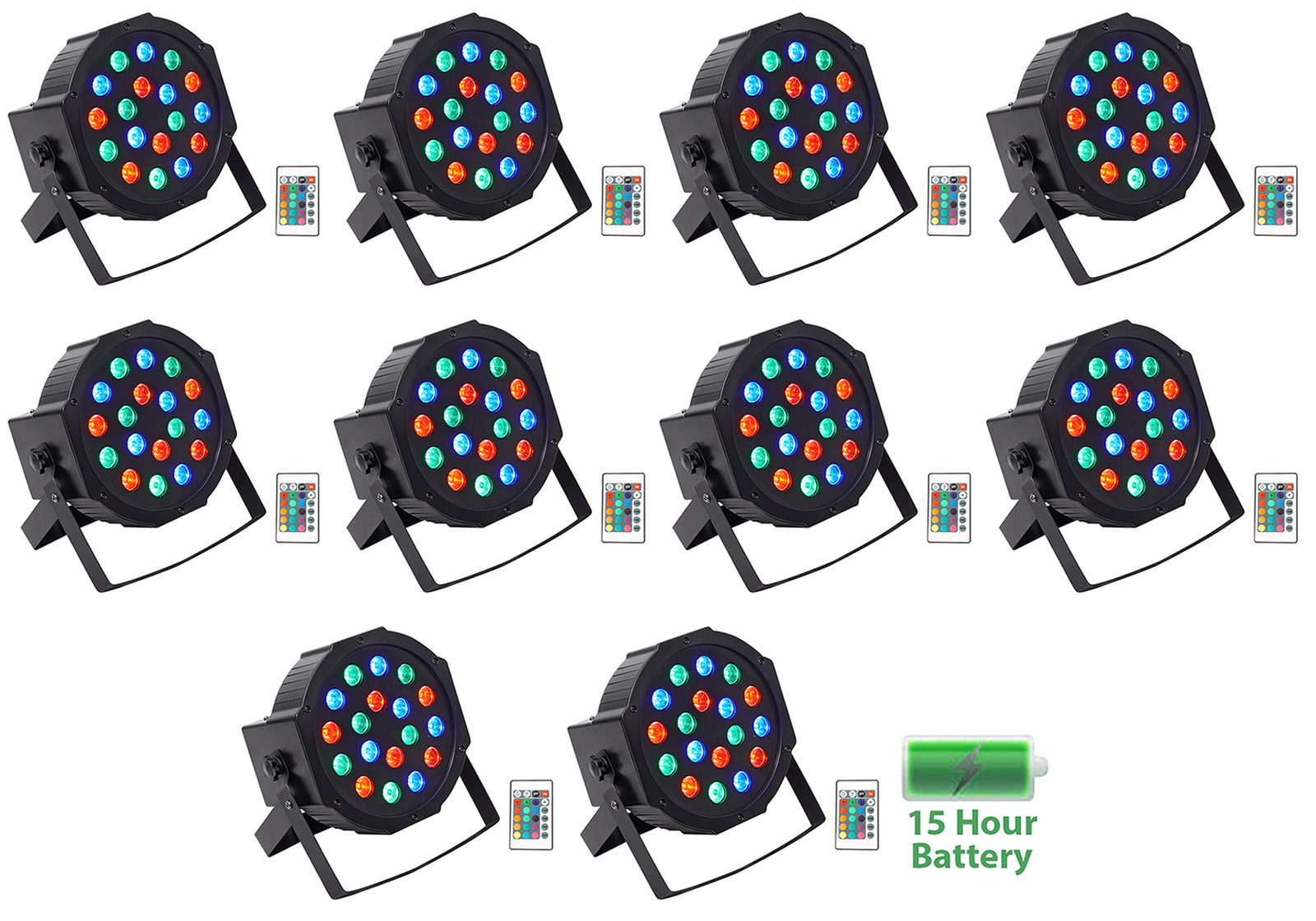 (10) Rockville BATTERY PAR 50 Rechargeable LED DMX DJ Club Wash Up-Lights+Remote