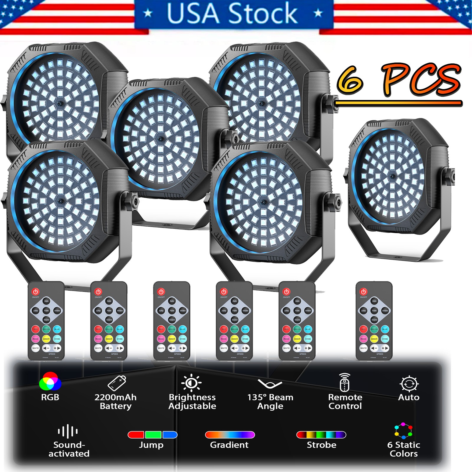 6PCS Rechargeable 60LED RGB Battery Par Stage Light Party DJ Xmas Show Wireles