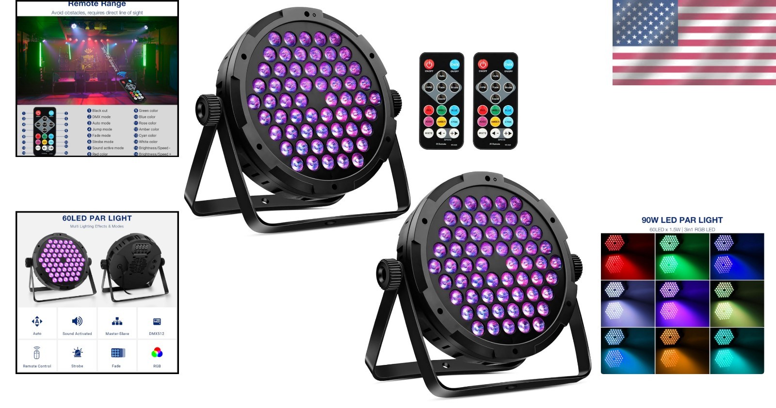60 LED RGB Stage Par Lights 90W – Dimmable & Sound Activated for Events – 2 Pack