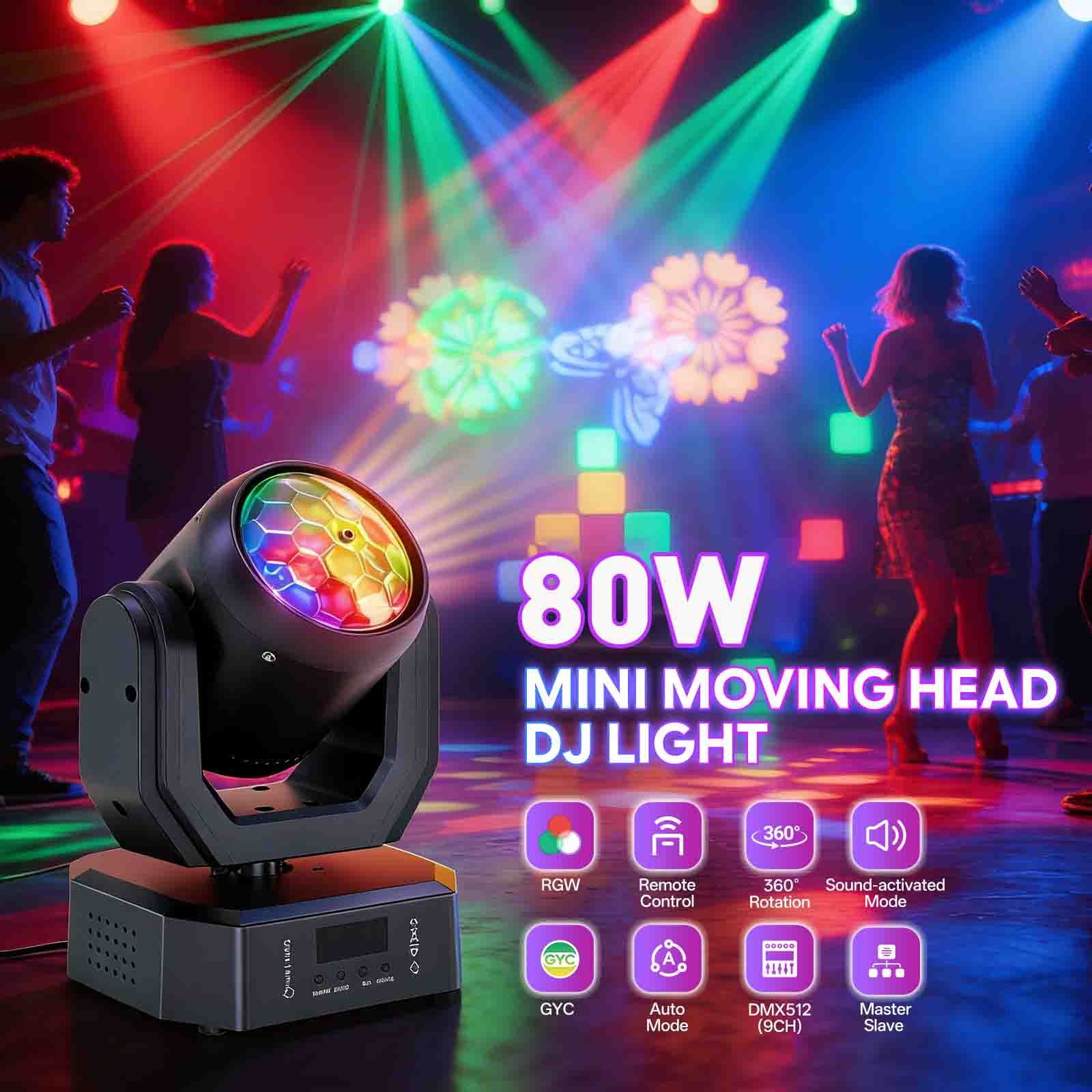 80W Moving Head Stage Lighting RGWYC LED Pattern Lights DMX DJ Disco Club Light
