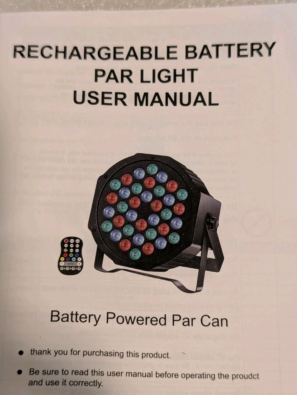 36 LED Stage Light DJ Par Light, Rechargable Battery, New, Open Box.