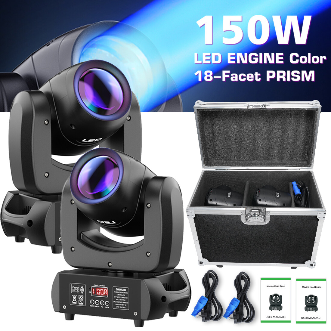 2PCS 18Prism RGBW Moving Head Stage Light Gobo LED DMX Beam Disco DJ Party Light