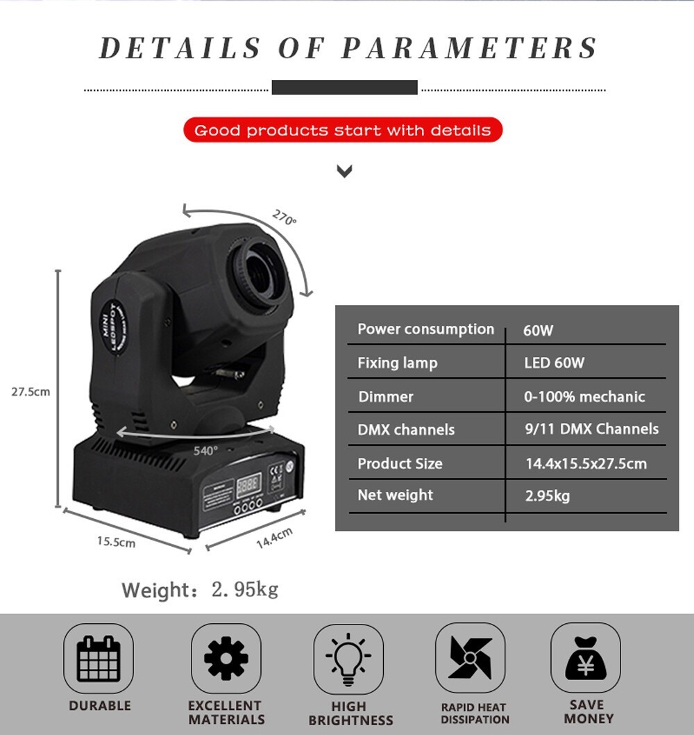 SHEHDS 60W LED Spot RGBW Moving Head Lighting Gobo Stage Light Party DJ Club KTV