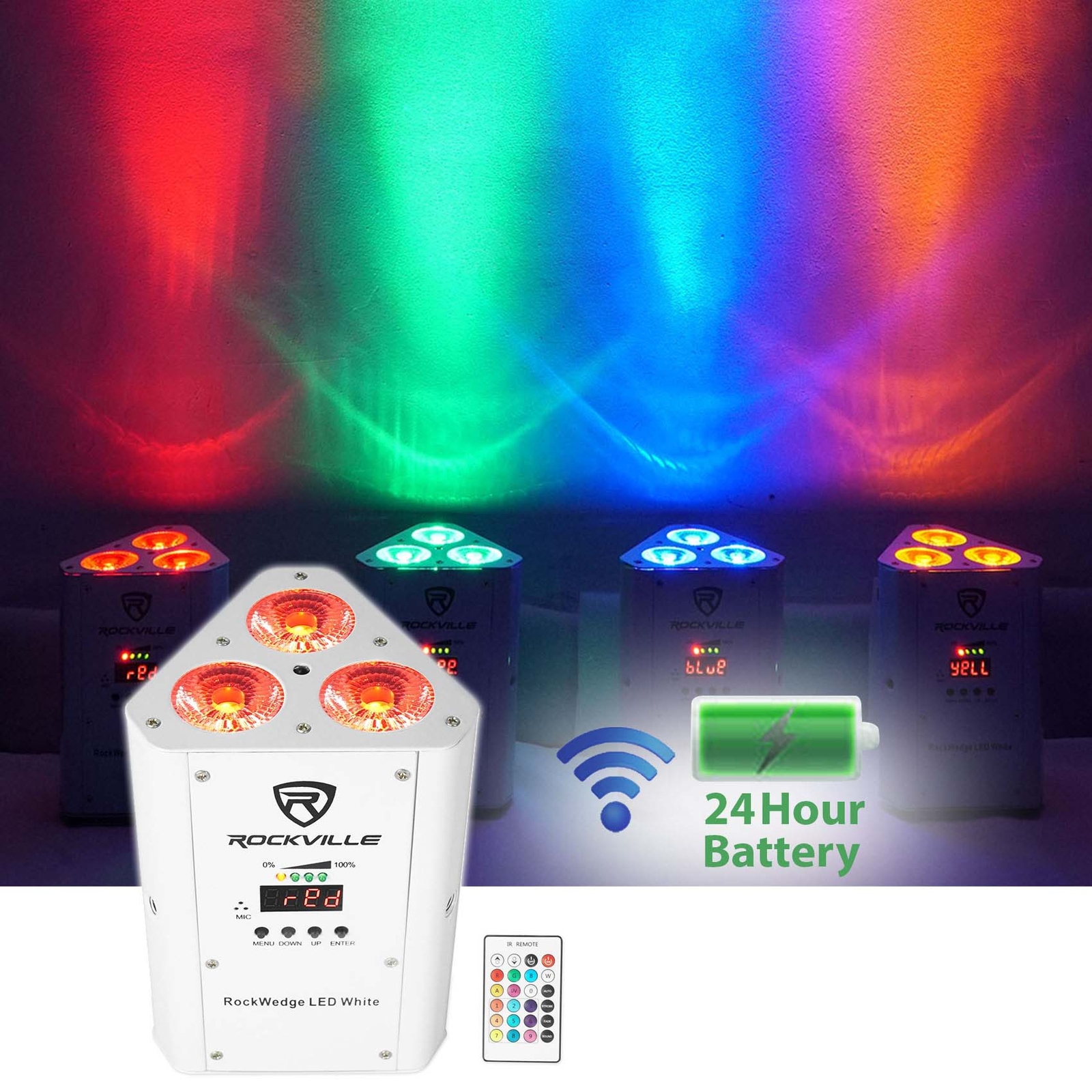 (8) Rockville RockWedge LED White RGBWA+UV Rechargeable Wireless DMX Lights+Bag