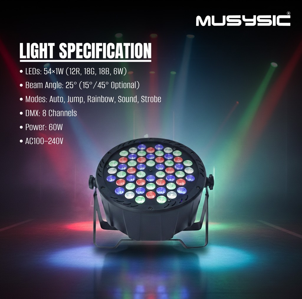 MUSYSIC MU-L100II RGBW LED PAR DMX512 Stage Light 54x1W 8CH Aluminum Uplight