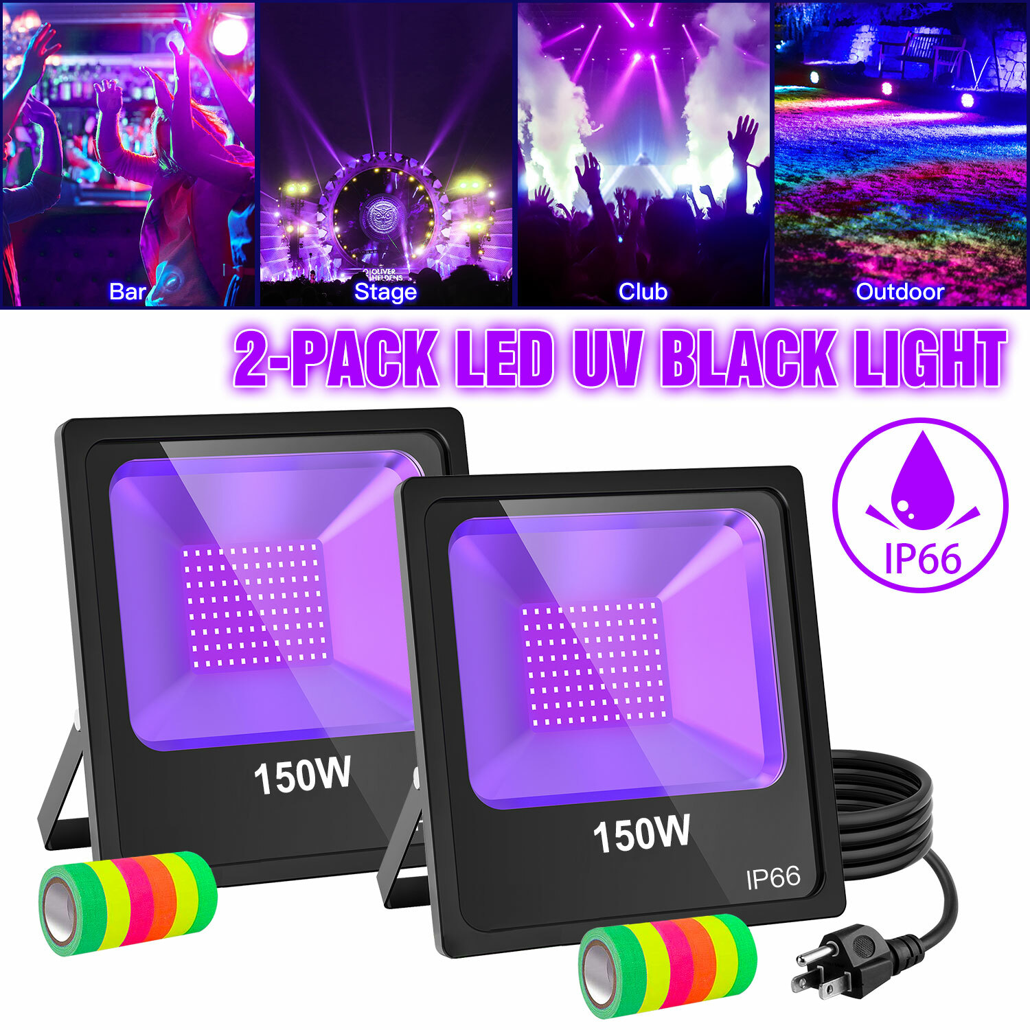 2-PACK 150W UV LED Black Light Christmas Party DJ Stage Bar Club Floodlight IP66