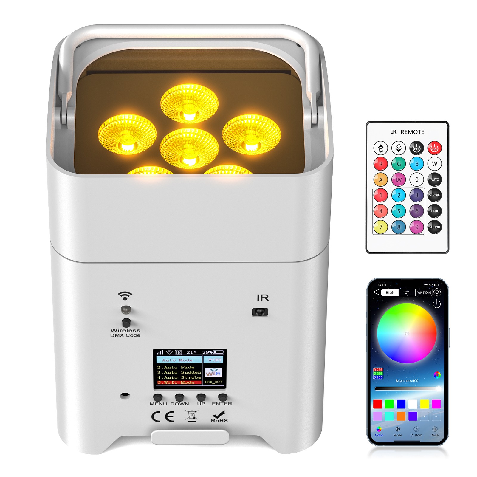 Wireless LED stage Uplight 6X18W RGBWA+UV Rechargeable Par Light Battery Powered